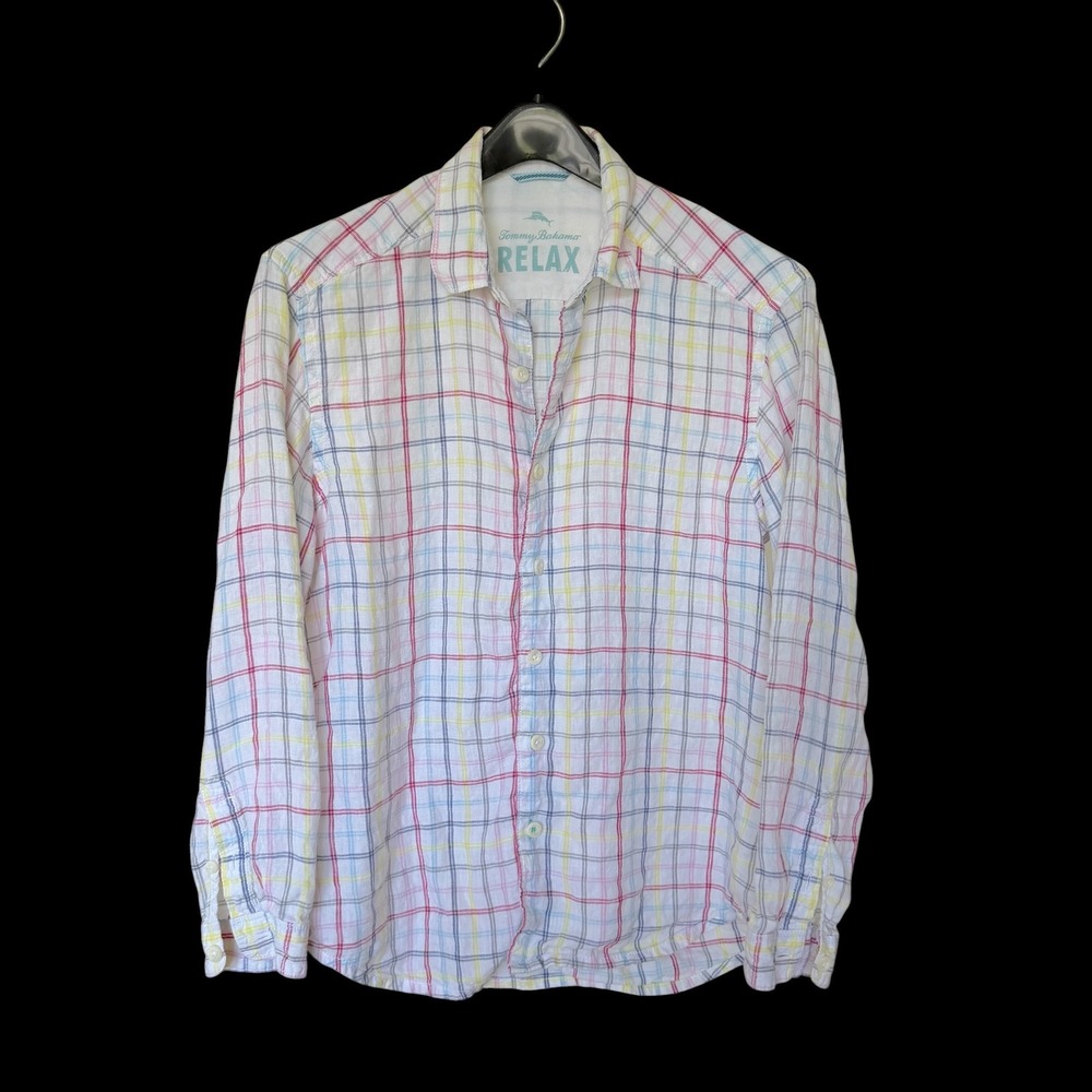 Tommy Bahama Relax Med White Plaid 100% Linen Long Sleeve Button Shirt